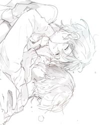 1boy 1girl amate_yuzuriha blush closed_eyes commentary_request greyscale gundam gundam_gquuuuuux highres kjmlazzo long_sleeves monochrome open_mouth shirt short_hair shuji_ito sideways simple_background sketch white_background