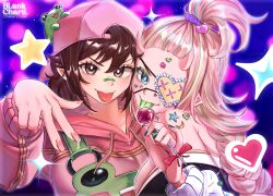2girls absurdres animal_print aqua_eyes armpit_crease artist_name bandaid bandaid_on_face bandaid_on_nose bare_shoulders baseball_cap bethy black_dress blankcharti blonde_hair blue_hair blue_nails blurry blurry_background blush bow braid breasts brown_eyes brown_hair candy character_request collarbone colored_tongue commentary commission cross-shaped_pupils dress english_commentary english_text eyepatch eyeshadow facial_mark fang fang_out food forehead_mark frilled_eyepatch frog frog_print green_eyeshadow green_overalls green_tongue hair_between_eyes hand_up hands_up hat heart heart_eyepatch high_ponytail highres holding holding_candy holding_food holding_lollipop hood hoodie horns indie_virtual_youtuber large_breasts light_particles lollipop long_hair long_sleeves looking_at_viewer makeup medium_hair multiple_girls overalls pink_hat pink_hoodie pink_nails pink_scrunchie ponytail purple_background red_bow scrunchie short_ponytail sidelocks single_braid sparkle sparkling_aura star_(symbol) symbol-shaped_pupils tongue tongue_out upper_body