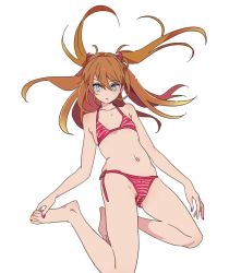 1girl bare_legs bare_shoulders barefoot bikini blue_eyes brown_hair cameltoe covered_erect_nipples feet female_focus flat_chest hair_ornament halterneck hands_on_feet long_hair looking_at_viewer mebae nail_polish navel neon_genesis_evangelion side-tie_bikini_bottom simple_background solo souryuu_asuka_langley striped_bikini striped_clothes swimsuit toenail_polish toenails toes two_side_up white_background