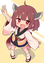 Rule 34 | 1girl, absurdres, ahoge, blunt bangs, blush, brown hair, collarbone, happy, headgear, highres, japanese clothes, kimono, long sleeves, looking at viewer, looking up, newbear, open mouth, red eyes, red sash, sash, short hair, skirt, solo, touhoku kiritan, two-tone background, v, voiceroid, white background, white kimono, wide sleeves, yellow background