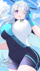 1girl absurdres alternate_costume bike_shorts blue_archive blue_gloves breasts gloves grey_hair hair_between_eyes halo highres jam_(jamjam777) large_breasts long_hair looking_at_viewer mechanical_halo noa_(blue_archive) one_eye_closed purple_eyes shiroko_(blue_archive) shiroko_(cycling)_(blue_archive) solo thighs