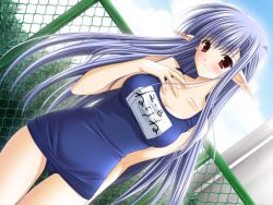 00s 1girl backlighting blue_hair blue_one-piece_swimsuit blush breasts character_name cleavage cowboy_shot day dutch_angle female_focus fingernails game_cg half_updo legs_together long_fingernails long_hair name_tag nerine official_art one-piece_swimsuit outdoors pointy_ears red_eyes school_swimsuit shuffle! sky solo standing suzuhira_hiro swimsuit very_long_hair
