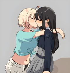 2girls arms_around_neck artist_request black_dress black_hair blonde_hair blue_shirt blush closed_eyes commentary commission dress grey_background heart highres inoue_takina kiss long_hair long_sleeves lycoris_recoil midriff multiple_girls navel nishikigi_chisato second-party_source shirt short_hair short_sleeves shorts simple_background symbol-only_commentary white_shorts yuri