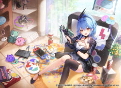 1girl :d apple_caramel bag_of_chips black_dress black_shoes black_thighhighs blue_hair blue_jacket breasts can character_request chips_(food) cleavage collarbone commentary_request curtains day dress figure food fringe_trim head_tilt highres holding indoors jacket knees_together_feet_apart knees_up large_breasts lightning_bolt_symbol long_hair looking_at_viewer official_art open_mouth potato_chips pringles pringles_can red_eyes rug shoes single_thighhigh sitting smile solo starseed:_asnia_trigger stuffed_animal stuffed_toy teddy_bear tetris thighhighs transparent window
