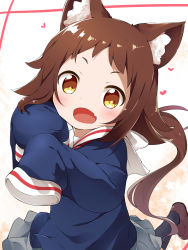Rule 34 | 1girl, :d, animal ear fluff, animal ears, black pantyhose, blue shirt, blush, brown eyes, brown hair, brown shoes, commentary request, fang, forehead, grey skirt, hands up, heart, highres, long hair, long sleeves, looking at viewer, makuran, mikakunin de shinkoukei, mitsumine mashiro, open mouth, pantyhose, pleated skirt, school uniform, serafuku, shirt, shoes, skirt, sleeves past fingers, sleeves past wrists, smile, solo, star (symbol), v-shaped eyebrows, very long hair, white shirt
