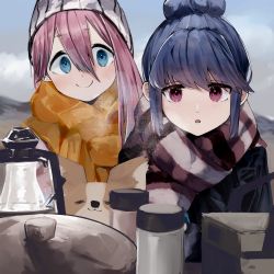 2girls :o absurdres animal beanie blue_eyes blue_hair chihuahua chikuwa_(yurucamp) dog hair_bun hat highres kagamihara_nadeshiko lantern long_hair maegami_(daisuki_oekaki1) multiple_girls outdoors pink_hair purple_eyes scarf shima_rin yurucamp