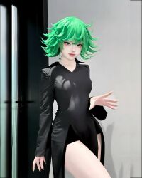 2024 arm_at_side asian bare_shoulders black_dress bottomless breasts caiyadedouyin chinese_commentary collarbone commentary cosplay cosplay_photo curly_hair dress english_commentary fingernails flipped_hair green_eyes green_hair highres indoors lips long_fingernails long_sleeves mixed-language_commentary one-punch_man open_hand pale_skin photo_(medium) pink_lips real_life relfection second-party_source shadow short_hair small_breasts tatsumaki tatsumaki_(cosplay) thick_thighs thighs white_nails