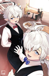 alisaie_leveilleur alphinaud_leveilleur black_vest blue_bow blue_bowtie blue_eyes bow bowtie cafe elf final_fantasy final_fantasy_xiv highres owloo_art pointy_ears red_bow red_bowtie siblings twins vest waiter waitress white_hair