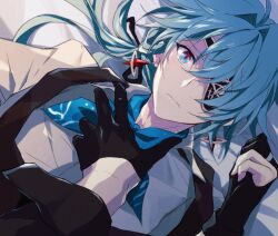 2boys anaxa_(honkai:_star_rail) anaxa_(ingenuity)_(honkai:_star_rail) apron aqua_hair black_gloves blue_eyes blue_neckerchief brown_apron earrings eyepatch food-themed_earrings gloves half_gloves highres honkai:_star_rail honkai_(series) jewelry looking_at_viewer male_focus medium_hair multicolored_eyes multiple_boys neckerchief on_bed partially_fingerless_gloves phainon_(honkai:_star_rail) pink_eyes pink_pupils red_pepper_earrings ronigs shirt solo_focus two-tone_eyes upper_body white_shirt yaoi