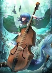 1girl air_bubble blue_eyes blue_hair blue_nails bubble cello commentary_request drill_hair fins fish frilled_kimono frilled_sleeves frills full_body furisode green_kimono head_fins highres holding holding_instrument instrument japanese_clothes kimono long_sleeves mermaid monster_girl nail_polish open_mouth short_hair smile solo teruteru12 touhou underwater wakasagihime wide_sleeves