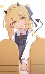 1girl absurdres black_ribbon black_tail blonde_hair blue_archive collared_shirt demon_tail dress fang foreshortening hair_ribbon halo head_tilt highres horns ibuki_(blue_archive) light_blush long_sleeves moepu. pinafore_dress pointy_ears ribbon shirt shoes side_ponytail simple_background sitting sleeveless sleeveless_dress solo tail white_background white_shirt yellow_eyes yellow_halo yellow_shoes