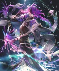 1boy black_gloves black_pants black_shirt braid gloves grey_jacket hair_over_one_eye hand_up holding holding_staff istyndet_(shadowverse) jacket jacket_on_shoulders long_hair magic male_focus mikebosi official_art open_clothes open_jacket pants parted_lips purple_eyes purple_hair shadowverse shirt smirk solo staff standing third-party_source very_long_hair