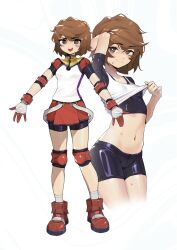 1girl :d absurdres bike_shorts black_shorts blush breasts brown_eyes brown_hair closed_mouth clothes_lift cowboy_shot cropped_legs full_body gloves highres knee_guards kuruna_(pixel_princess_blitz) looking_at_viewer midriff miniskirt multiple_views mydarksideart navel open_mouth pixel_princess_blitz shirt_lift short_hair shorts simple_background skirt small_breasts smile standing sweat tank_top white_background