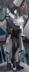 absurdres arknights arm_around_neck arm_around_waist coat doctor_(arknights) full_body grey_eyes hairband highres hood hood_up id_card incredibly_absurdres lab_coat mikuning pantyhose priestess_(arknights) shirt space sweater turtleneck turtleneck_shirt white_coat white_sweater