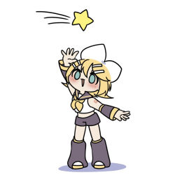Rule 34 | 1girl, :3, arm up, blonde hair, blue eyes, blush, bow, commentary request, crop top, detached sleeves, eshe mr, full body, hair bow, hair ornament, hairclip, kagamine rin, leg warmers, long sleeves, midriff, neckerchief, open mouth, sailor collar, shirt, shooting star, short hair, shorts, sleeveless, sleeveless shirt, smile, solo, star (symbol), vocaloid