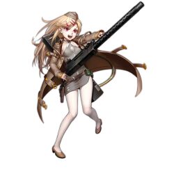 Rule 34 | 1girl, ammunition, ammunition belt, ammunition box, as109, belt, breasts, brown belt, brown coat, brown hat, brown shoes, browning m1919, bullet, cleavage cutout, clothing cutout, coat, dress, female focus, full body, garrison cap, girls&#039; frontline, green bag, grey dress, gun, hair ornament, hairclip, hat, holding, holding gun, holding weapon, holster, long hair, long sleeves, m1919a4 (girls&#039; frontline), machine gun, medium breasts, medium machine gun, military coat, official art, open mouth, pantyhose, pouch, red eyes, rifle cartridge, shoes, short dress, sleeveless, sleeveless dress, smile, solo, teeth, transparent background, upper teeth only, very long hair, weapon, white pantyhose