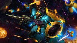 absurdres battle beam_cannon beam_rifle cable char&#039;s_counterattack company_name copyright_notice energy energy_beam energy_gun explosion firing funnels_(gundam) gundam gundam_battle_operation_2 highres holding holding_weapon jagd_doga_gyunei_custom machinery mecha mecha_focus mobile_suit nebula neo_zeon no_humans one-eyed painting_(medium) realistic red_eyes robot scan science_fiction scope shield solo space star_(sky) sunrise_(company) tenjin_hidetaka thrusters traditional_media weapon