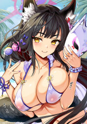 1girl animal_ear_fluff animal_ears bead_bracelet beads bikini black_hair blue_archive blush bracelet breasts cleavage closed_mouth flower fox_ears fox_girl fox_mask fox_tail hair_flower hair_ornament hair_ribbon halo highres holding holding_mask jewelry kojima_saya large_breasts long_hair looking_at_viewer mask nail_polish navel official_alternate_costume outdoors red_halo ribbon smile solo swimsuit tail wakamo_(blue_archive) wakamo_(swimsuit)_(blue_archive) white_bikini yellow_eyes