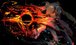 1girl black_hole capelet dress elf frieren gloves glowing glowing_eye green_eyes hair_over_one_eye highres holding kyezzzz long_hair looking_at_viewer magic pointy_ears serious solo sousou_no_frieren twintails white_capelet white_hair