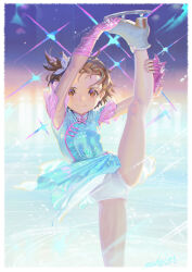 1girl alphonse_(white_datura) blue_dress brown_eyes brown_hair dress figure_skating figure_skating_dress fingerless_gloves gloves highres ice_skates ice_skating leotard looking_at_viewer medalist_(manga) petite pink_gloves short_hair skates skating smile solo split standing standing_on_one_leg standing_split very_short_hair white_leotard yuitsuka_inori