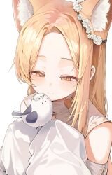 1girl 46_coffee animal_ear_fluff animal_ears bird blonde_hair blue_archive blush commentary detached_sleeves extra_ears forehead fox_ears highres looking_at_animal seia_(blue_archive) simple_background sleeves_past_fingers sleeves_past_wrists smile solo upper_body white_background yellow_eyes