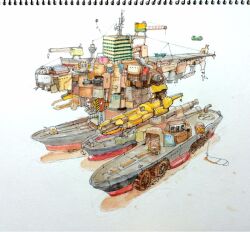 Rule 34 | aircraft carrier, ballpoint pen (medium), cannon, caterpillar tracks, crane (machine), fishing rod, holding, holding fishing rod, humanoid robot, joints, mechanical arms, military vehicle, no humans, original, painting (medium), pen (medium), robot, robot joints, ship, traditional media, tsuboi hajime, warship, watercolor (medium), watercraft, window