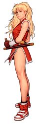 1girl absurdres bare_shoulders blonde_hair capcom capcom_vs_snk_2 dougi final_fight fingerless_gloves game_cg genryuusai_maki gloves highres holding holding_weapon long_hair looking_to_the_side mma_gloves motoyui nike_(company) ninja non-web_source official_art parted_lips pelvic_curtain ponytail simple_background solo teeth tonfa wavy_hair weapon wrist_wrap