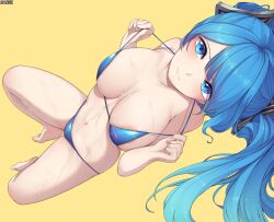 1girl areola_slip artist_name barefoot bikini bikini_pull blue_eyes blue_hair breasts closed_mouth clothes_pull ddangbi korean_commentary large_breasts league_of_legends long_hair looking_at_viewer lying navel on_back pulling_own_clothes simple_background sona_(league_of_legends) stomach strap_pull swimsuit twintails undressing wavy_mouth wet yellow_background