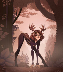 1girl absurdres all_fours animal_ears antlers black_bodysuit blush_stickers bodysuit brown_hair deer_ears deer_girl fogarasi forest full_body grass highres horns looking_at_viewer nature original outdoors short_hair skin_tight tree