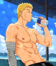 Rule 34 | 1boy, abs, bandaged arm, bandages, blonde hair, drinking, highres, male focus, nanxdaime, naruto (series), short hair, solo, toned, toned male, topless male, uzumaki naruto, water