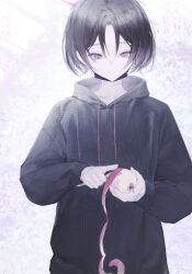 14yuruis 1girl apple apple_peel black_hair black_hoodie black_mask blue_archive closed_mouth food fruit hair_between_eyes highres holding holding_food holding_fruit holding_knife hood hoodie knife misaki_(blue_archive) peeling red_eyes short_hair smile solo