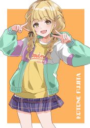 1girl bare_legs black_ribbon blonde_hair blue_skirt border braid character_name commentary double_v fang fujita_kotone gakuen_idolmaster hair_ribbon highres idolmaster illustscody jacket long_hair looking_at_viewer multicolored_jacket orange_background plaid_clothes plaid_skirt pleated_skirt ribbon shirt simple_background skin_fang skirt solo twin_braids v white_background white_border yellow_eyes yellow_shirt