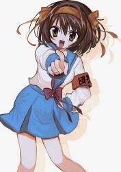 1girl :d armband blue_sailor_collar blue_skirt bob_cut bow bowtie brown_eyes brown_hair feet_out_of_frame hairband highres kita_high_school_uniform long_sleeves looking_at_viewer medium_hair open_mouth orange_hairband pepeppepe101 pleated_skirt pointing pointing_at_viewer red_armband red_bow red_bowtie red_ribbon ribbon sailor_collar school_uniform serafuku shadow simple_background skirt smile solo suzumiya_haruhi suzumiya_haruhi_no_yuuutsu winter_uniform