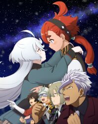 2girls 4boys ahoge aqua_eyes asticassia_school_uniform banagher_links char_aznable elan_ceres engiyoshi gaijin_4koma_(meme) grey_hair gundam gundam_suisei_no_majo gundam_tekketsu_no_orphans hair_between_eyes helmet highres long_hair long_sleeves looking_at_another low_ponytail meme miorine_rembran mobile_suit_gundam multiple_boys multiple_girls open_mouth orga_itsuka ponytail red_hair school_uniform short_hair smile star_(symbol) star_symbol_background suletta_mercury thick_eyebrows yellow_eyes yuri