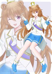 Rule 34 | 1girl, ;d, absurdres, boots, breasts, brown hair, double bun, double v, gloves, hair between eyes, hair bun, hair ornament, hairclip, hat, highres, jacket, konoe kanata, long hair, long sleeves, looking at viewer, love live!, love live! nijigasaki high school idol club, mini hat, mini top hat, necktie, one eye closed, open mouth, purple eyes, sash, shirt, skirt, smile, solo, top hat, tubamesaapoo, v, very long hair, white gloves, white jacket, white necktie, white shirt, zoom layer