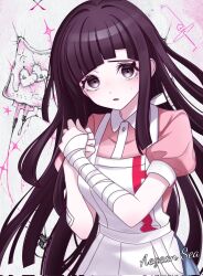 Rule 34 | 1girl, :o, aegean sea, apron, artist name, bandaged arm, bandages, black eyes, black hair, blood, blood bag, blush, collared shirt, cowboy shot, danganronpa (series), danganronpa 2: goodbye despair, highres, long hair, pink shirt, puffy short sleeves, puffy sleeves, shirt, short sleeves, solo, tsumiki mikan, two-tone shirt, white apron, white shirt