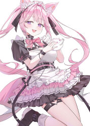 1girl absurdres animal_ears apron black_bow black_choker black_dress blush bow breasts cat_ears choker dress frilled_apron frilled_dress frills hakui_koyori hanamaru_tsubaki highres holding holding_teapot hololive large_breasts looking_at_viewer maid maid_apron maid_headdress pink_hair purple_eyes short_sleeves simple_background smile solo teapot thigh_strap twintails virtual_youtuber waist_apron white_apron white_background wrist_cuffs