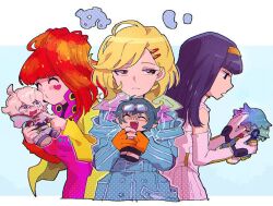Rule 34 | 2boys, 2girls, 2others, blunt bangs, chibi, chiimako, earrings, gnosia, grey hair, heart, heart earrings, heart tattoo, high ponytail, jewelry, long hair, long sleeves, looking at viewer, multiple boys, multiple girls, multiple others, ponytail, raqio, red hair, remnan (gnosia), setsu (gnosia), sha-ming, smile, sq (gnosia), tattoo, upper body, yuriko (gnosia)