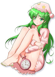 Rule 34 | 1girl, absurdres, barefoot, capelet, chain, chestnut95, clock, convenient censoring, crescent, crescent pin, dress, frilled capelet, frilled dress, frilled hat, frills, full body, gensokyo, green eyes, green hair, green nails, hair over one eye, hat, highres, hugging own legs, kazami yuuka, kazami yuuka (pc-98), legs, nail polish, neck ribbon, nightcap, nightgown, pajamas, pink capelet, pink dress, pink nightgown, pink pajamas, pocket watch, pom pom (clothes), red ribbon, ribbon, roman numeral, simple background, star (symbol), star print, toenail polish, toenails, toes, touhou, touhou (pc-98), watch, white background