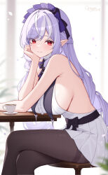 1girl absurdres bare_shoulders black_pantyhose blush bow breasts center_frills closed_mouth commentary crossed_legs cup dress frills from_side hair_bow highres large_breasts long_hair looking_at_viewer multicolored_hair origami_(poinia) paid_reward_available pantyhose pointy_ears purple_bow purple_hair red_eyes sideboob sidelocks signature sitting sleeveless sleeveless_dress smile solo streaked_hair teacup thighband_pantyhose very_long_hair vivian_banshee white_dress zenless_zone_zero