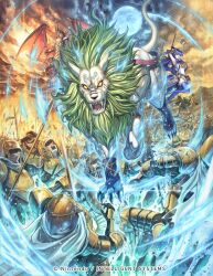 1girl 6+boys altina_(fire_emblem) armor claws deghinsea_(fire_emblem) dragon fangs fighting fire_emblem fire_emblem:_radiant_dawn fire_emblem_cipher izuka_daisuke laguz_(fire_emblem) lance lion mane moon multiple_boys nintendo official_art outdoors polearm soan_(fire_emblem) sword weapon white_fur wings yellow_eyes