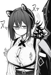 Rule 34 | 1girl, 1other, animal ears, arknights, bags under eyes, breasts, buttons, closed mouth, collared shirt, commentary request, cross tie, doctor (arknights), dress shirt, greyscale, hair between eyes, highres, large breasts, makigirisu, medium hair, monochrome, robin (arknights), shirt, sound effects, sweatdrop, unmoving pattern