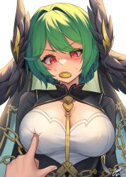 1boy 1girl absurdres anger_vein black_jacket black_wings bloody0rabby breast_poke breasts chain coin commentary_request feathered_wings green_hair head_tilt head_wings highres jacket joanne_(trickcal) large_breasts mouth_hold out_of_frame poking red_eyes signature simple_background solo_focus sweat trickcal twitter_username upper_body v-shaped_eyebrows white_background wings