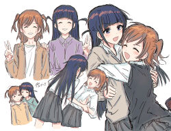 2girls :d =_= ^_^ aijou_karen alternate_costume arched_bangs biting biting_cheek black_vest brown_hair brown_jacket bullfalk cardigan closed_eyes collared_shirt commentary_request dress_shirt green_shirt grey_cardigan grey_skirt grin hand_on_another&#039;s_shoulder highres hug jacket long_hair long_sleeves medium_hair miniskirt multiple_girls multiple_views open_clothes open_jacket open_mouth pleated_skirt purple_eyes purple_hair purple_shirt school_uniform shirt shoujo_kageki_revue_starlight skirt smile t-shirt three-quarter_sleeves tsuyuzaki_mahiru two_side_up v v-shaped_eyebrows vest white_shirt yellow_shirt