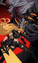 2girls armor ban1-ban1 black_gloves blonde_hair blue_eyes breasts cleavage cleavage_cutout clothing_cutout crop_top darkchylde demon dual_persona gloves highres holding holding_sword holding_weapon horns huge_weapon long_hair magik_(x-men) marvel marvel_rivals midriff multiple_girls navel short_shorts shorts sword thighhighs weapon white_hair x-men