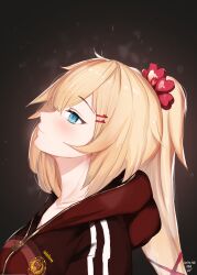 Rule 34 | 1girl, akai haato, aqua eyes, blonde hair, blue eyes, blush, breasts, closed mouth, collarbone, from side, hair ornament, hair ribbon, hairclip, heart, heart hair ornament, highres, hololive, hood, hood down, hooded jacket, hoodie, jacket, long hair, looking up, nin fake, official alternate costume, official alternate hairstyle, partially unzipped, ponytail, profile, red hoodie, red jacket, ribbon, signature, simple background, smile, solo, track jacket, twitter username, upper body, very long hair, virtual youtuber, zipper, zipper pull tab