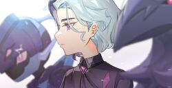 1boy amethio_(pokemon) blurry bright_pupils ceruledge closed_mouth collared_shirt commentary_request copituji corviknight depth_of_field from_side gen_8_pokemon highres loose_hair_strand male_focus multicolored_hair nintendo pokemon pokemon_(anime) pokemon_(creature) pokemon_horizons purple_eyes shirt short_hair two-tone_hair white_background white_pupils