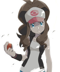 Rule 34 | 1girl, absurdres, angry, black vest, blue eyes, brown hair, commentary request, hat, highres, hilda (pokemon), holding, holding poke ball, kintaro-ame, long hair, looking at viewer, nintendo, poke ball, pokemon, pokemon bw, ponytail, shade, shirt, solo, vest, white background, white hat, white shirt