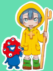 Rule 34 | 1boy, 1girl, androgynous, aqua background, bead necklace, beads, blue eyes, blue hair, boots, cane, cosplay, creature, cross, cross necklace, dirty, dirty clothes, dirty footwear, expo2025, green boots, hair between eyes, highres, holding, holding cane, hood, jewelry, jubilee 2025, light blush, luce (jubilee 2025), luce (jubilee 2025) (cosplay), made in abyss, male focus, maruruk, myaku-myaku, necklace, open mouth, outline, pocket, raincoat, rubber boots, short hair, smile, socks, white outline, white socks, ximu shilang, yellow pupils, yellow raincoat