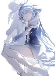 Rule 34 | 2girls, absurdres, ahoge, anklet, barefoot, blue eyes, blue hair, blue jacket, closed eyes, closed mouth, commentary request, crying, focalors (genshin impact), foot out of frame, furina (genshin impact), genshin impact, hair between eyes, haru same322, hat, highres, hug, hug from behind, jacket, jewelry, kneeling, legs, light blue hair, long hair, multicolored hair, multiple girls, sidelocks, simple background, spoilers, streaked hair, toes, top hat, two-tone hair, white background